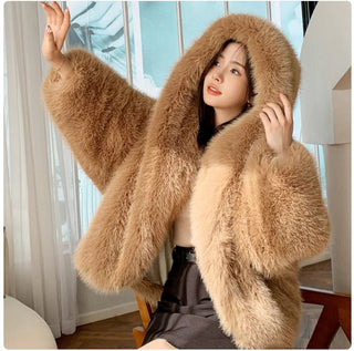 Women's Faux Fox Fur Hooded Coat - Hstrends