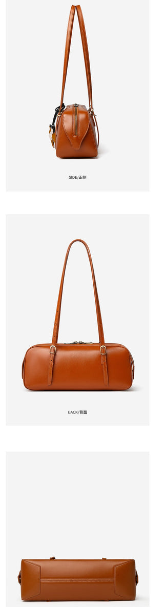 A three-view product presentation of a brown leather shoulder bag. The top view shows the bag with its shoulder strap, the middle view shows the front profile with its long top handle, and the bottom view shows the front flap closure.