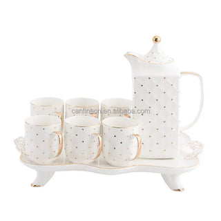 8pcs Ceramic Coffee Cup Saucer Set Colored Glaze Luxury Gold Rim Porcelain Teapot Cup Ceramic Coffee Pot Tea Cup Set With Tray