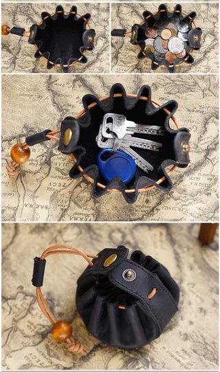 A collage of six product photos showing a small black leather pouch with a gold snap closure, orange cord loop, and visible interior compartments holding keys and a blue item, set against a textured beige background.