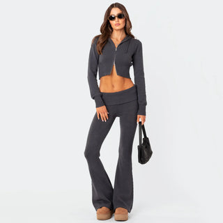 High-Waist Knit Hooded Set: Long-Sleeve Top & Trousers