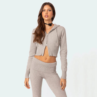 High-Waist Knit Hooded Set: Long-Sleeve Top & Trousers