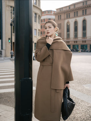 Homy's Long Cashmere camel Color Scarf Style Double-Sided Wool Coat
