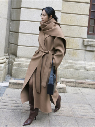 Homy's Long Cashmere camel Color Scarf Style Double-Sided Wool Coat