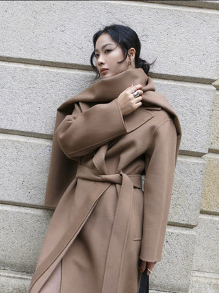 Homy's Long Cashmere camel Color Scarf Style Double-Sided Wool Coat