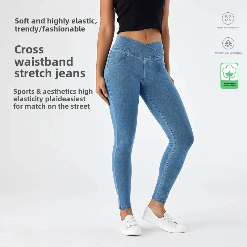 Homy Women Cross Waist Yoga Jeans with pockets