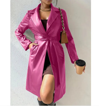 Women's Slim Fit PU Leather Trench Coat with Lapel Collar and Pockets