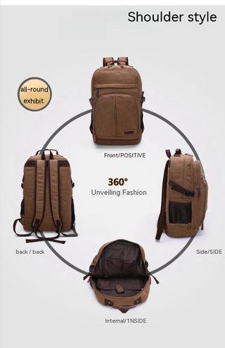 Brown backpack shown from multiple angles on a white background