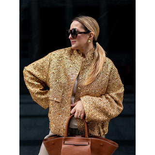 Real Shot New Loose Retro Sequin Jacket Jacket New Zipper Long Sleeve Jacket European And American Cross-border Explosions Jacket