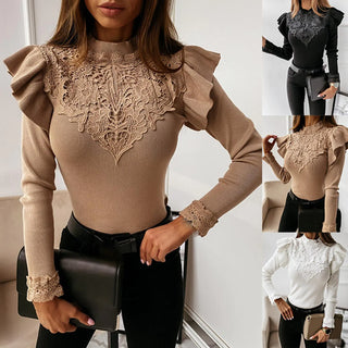 Long Sleeve Ruffle Lace Blouse - Hstrends