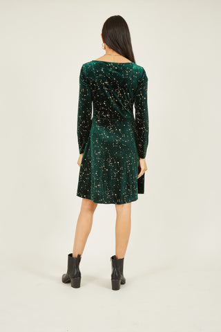Yumi Green Star Foil Print Long Sleeve Skater Dress