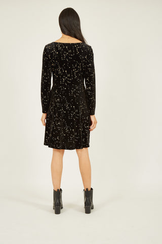 Yumi Black Star Foil Print Long Sleeve Skater Dress