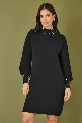 Yumi Black Pearl Detail Knitted Relaxed Jumper Dress