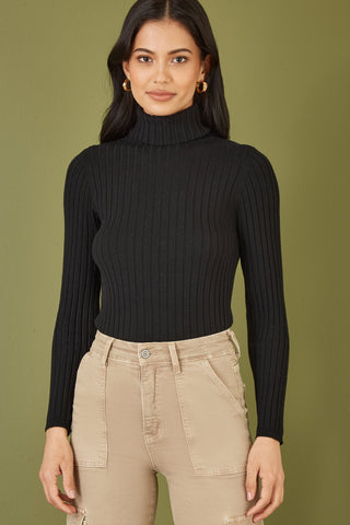 Yumi Black Ribbed Knit Roll Neck Jumper