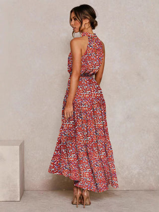 2025 Women's Dress New Hanging Neck Wave Printing Lace-up Dress