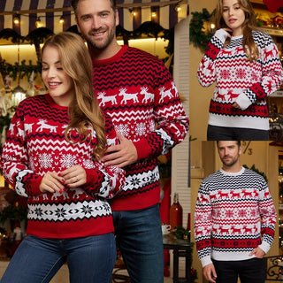 Couple Outfit Men And Women Christmas Round Neck Elk Jacquard Long-sleeved Sweater