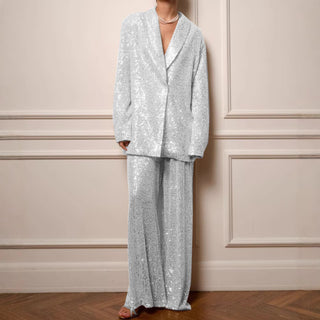 European And American Fashion Women's Sequin Suit Jacket Casual Trousers Suit Elegant All-match Beaded Top Wide-leg Pants For Women