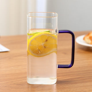 Square Glass Cup With Color Handle lid and straw