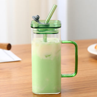 Square Glass Cup With Color Handle lid and straw