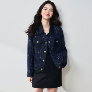 Blues Night Fashionable Denim Patchwork Navy Flower Yarn Sequined Small Fragrance Style Lapel Jacket