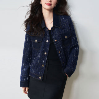 Blues Night Fashionable Denim Patchwork Navy Flower Yarn Sequined Small Fragrance Style Lapel Jacket
