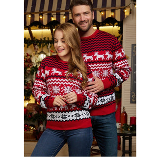 Couple Outfit Men And Women Christmas Round Neck Elk Jacquard Long-sleeved Sweater