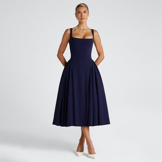 Solid Color Strap Square Collar Backless Zipper Dress