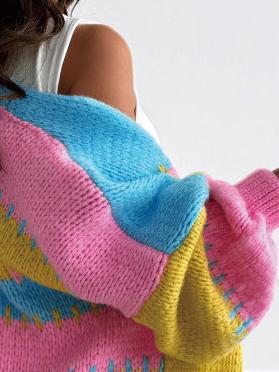 Color-Blocked Short Patchwork Knitted Cardigan , Blue, Pink, And Yellow