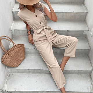 New Summer Sleeveless V-neck Women Pants Nine Points Waist Jumpsuit