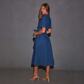 New Retro V Neck Strappy midi Denim Dress