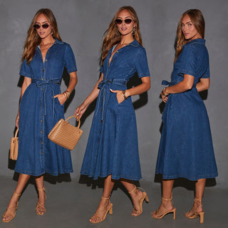New Retro V Neck Strappy midi Denim Dress
