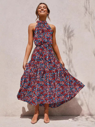 2025 Women's Dress New Hanging Neck Wave Printing Lace-up Dress