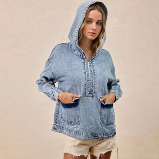 Round Neck Hoodie style Long-Sleeved Casual Denim Jacket