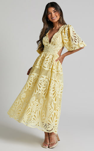 Cut Out Long Skirt V Neck knitted Lace Embroidery Dress