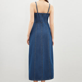 Blue Thin Washed Casual Denim Suspender Midi Dress