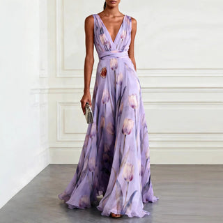 Polyester Print Sleeveless V-Neck Long Dress For Women