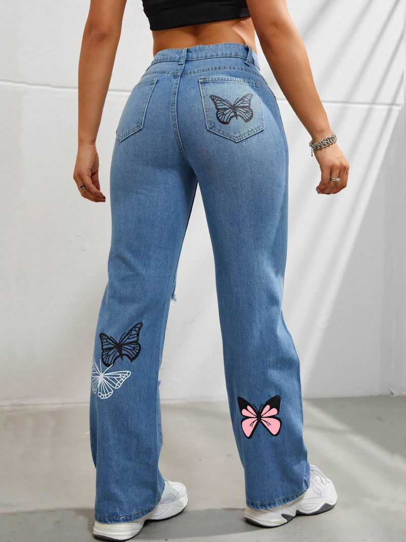 Butterfly Print Ripped Denim Straight High Waist Denim Trousers.
