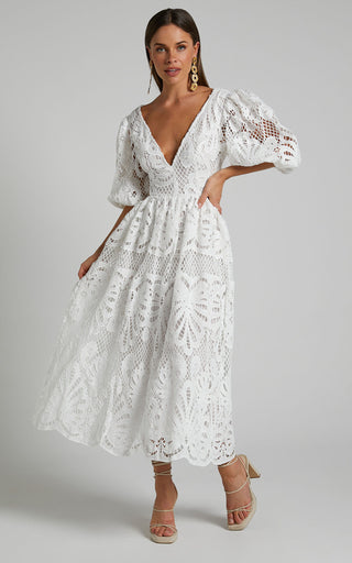 Cut Out Long Skirt V Neck knitted Lace Embroidery Dress