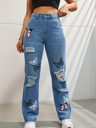 Butterfly Print Ripped Denim Straight High Waist Denim Trousers - Hstrends