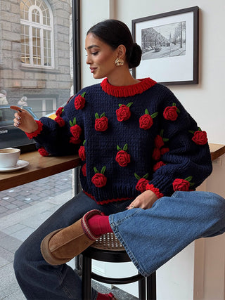 Sweet Knitted Three-Dimensional Rose Loose Pullover cardigan