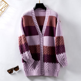 Casual Loose Lantern Sleeve Cross-border Drizzle Color Stripe Cardigan