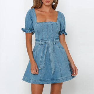 Square Collar Lace-up Waist mini Denim dress