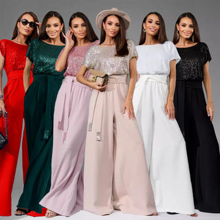 2025 Spring Cross-Border New Amazon Export European And American One-Piece Sequined Fashion Short-Sleeved Casual Jumpsuit Pants