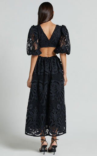 White Cut Out Long Skirt V Neck knitted Lace Embroidery Dress
