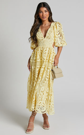 Cut Out Long Skirt V Neck knitted Lace Embroidery Dress in rose red