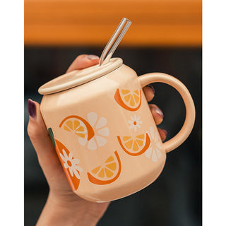 Retro Blossom Ceramic Mug with Lid & Glass Straw  Cute Floral Coffee Cup