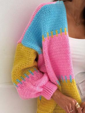 Color-Blocked Short Patchwork Knitted Cardigan , Blue, Pink, And Yellow