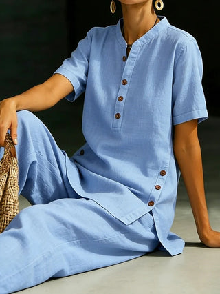 Casual Button-Up Shirt And Wide-Leg Pants Two-Piece Linen  Set