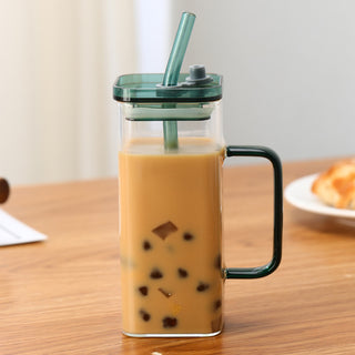 Square Glass Cup With Color Handle lid and straw