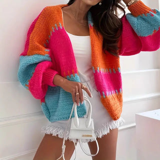 New Contrasting Color Splicing Knitted Cardigan Women's Loose V Neck Lantern Sleeve Fashion Casual Sweater Jacket